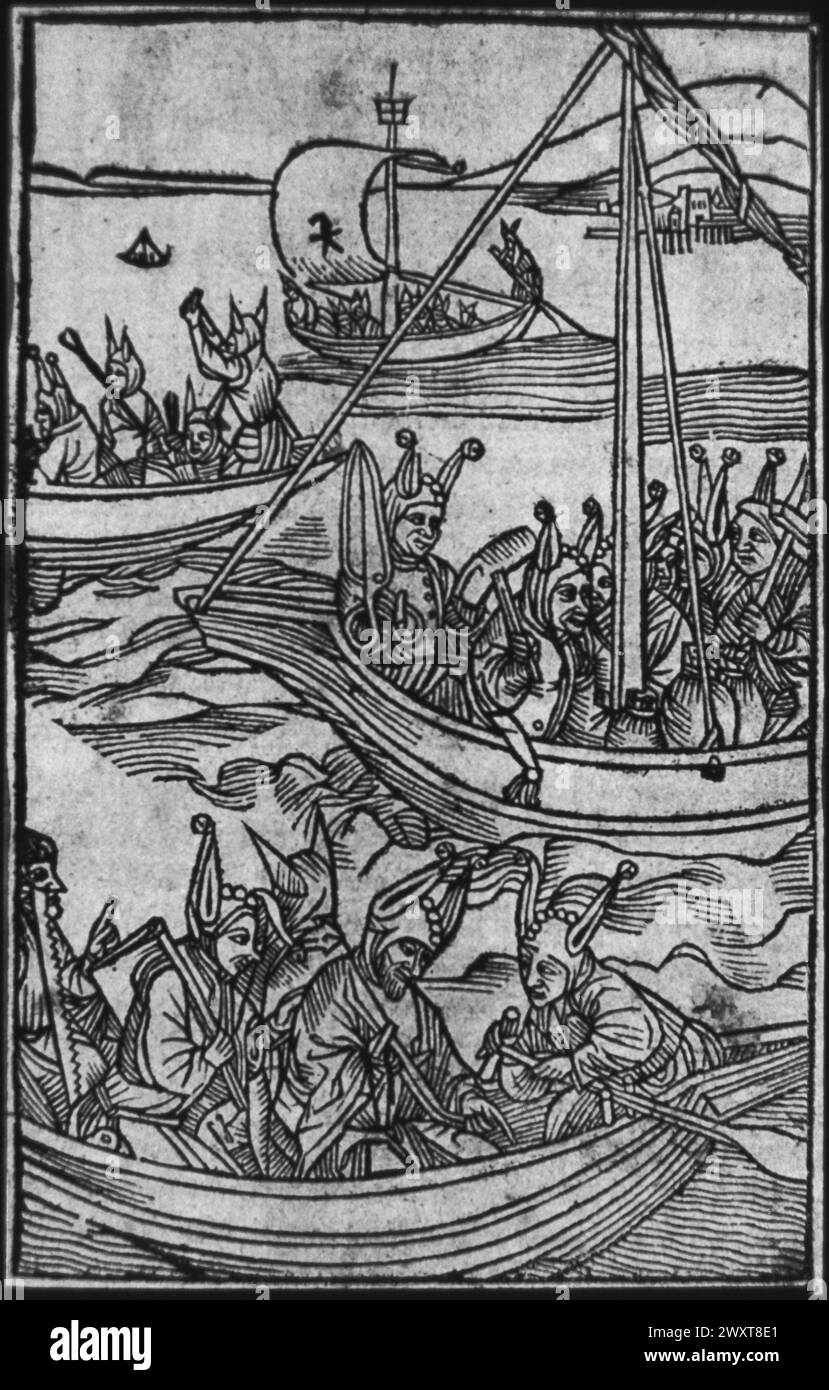 Die Titelseite aus dem Narrenschiff, herausgegeben von Sebastian Brant in Deutschland im Jahr 1494 Stockfoto