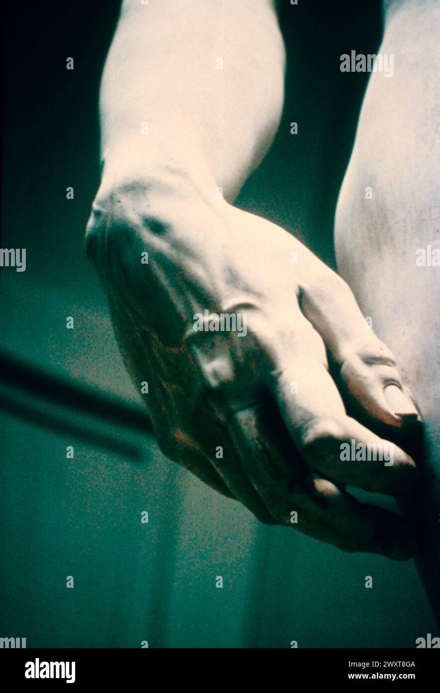 Detail der Hand der Statue David, vom italienischen Künstler Michelangelo, 16. Jahrhundert Stockfoto