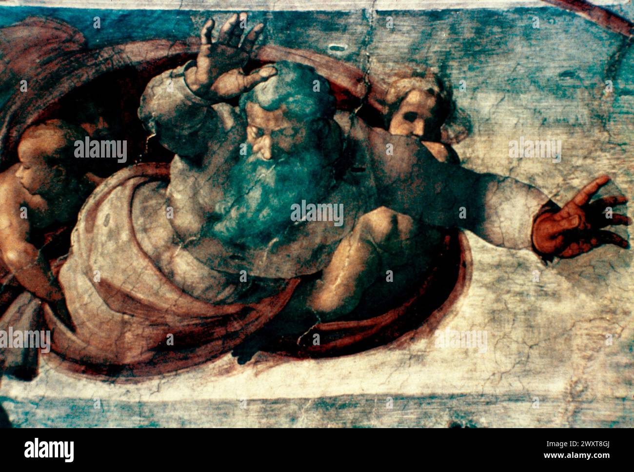 Gott trennt das Wasser von der Erde, Freskomalerei des italienischen Künstlers Michelangelo, 16. Jahrhundert Stockfoto