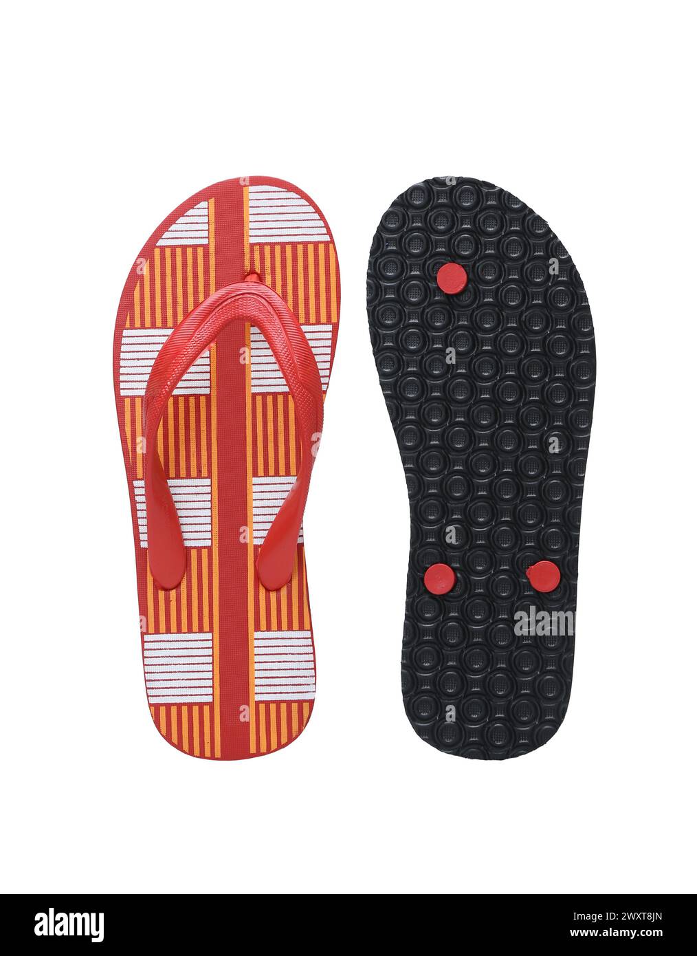 Weiße und rote eva-Flipflop-Vorderansicht hinten isoliert auf weißem Hintergrund Stockfoto