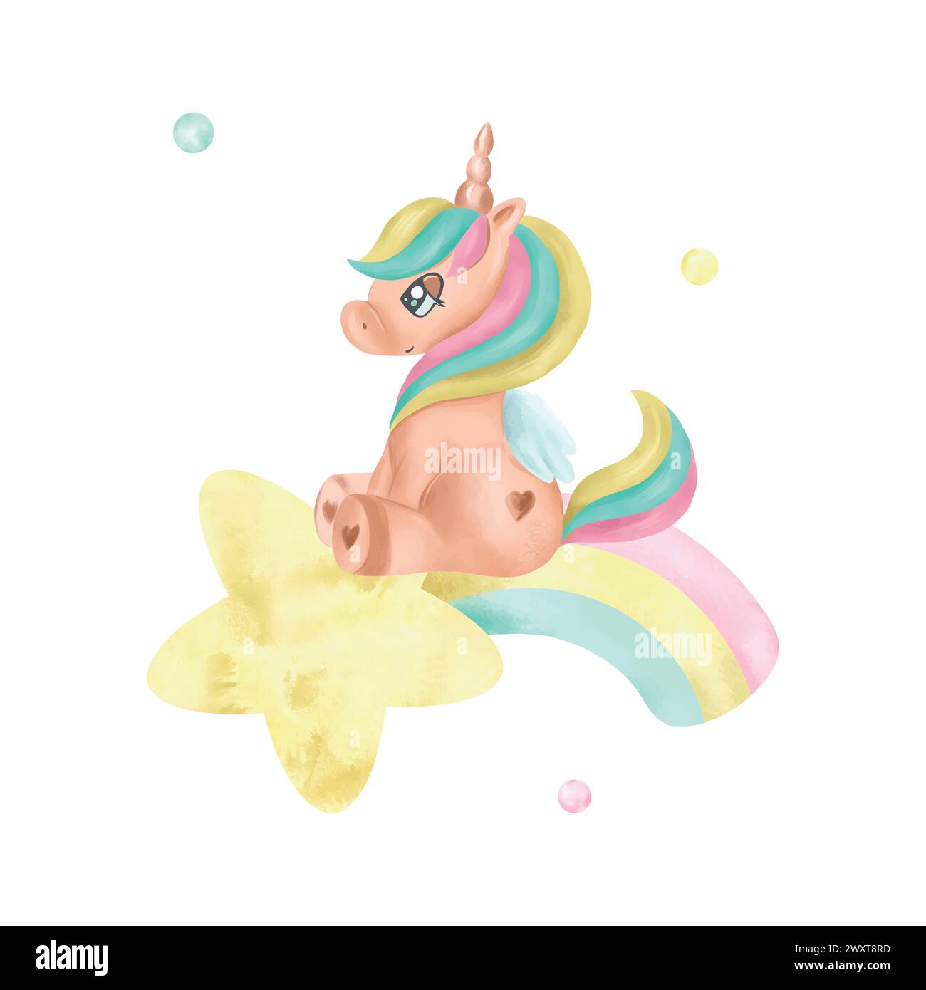 Niedliches Einhorn, das auf einem Regenbogen sitzt, Aquarell. Hand gezeichnete Vektor-Illustration in Pastellfarben für Karten, Einladungen, Websites, Albumcover. Satz von Stock Vektor