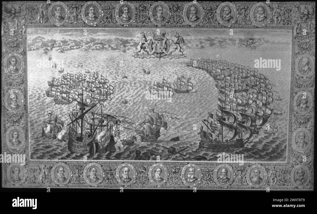 Die Niederlage der spanischen Armada durch die Engländer 1598, Wandteppiche im House of Lords, London, England Stockfoto