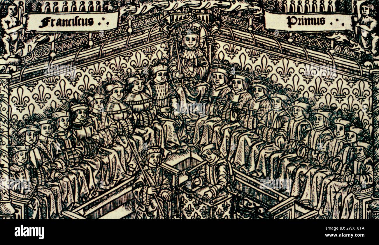 Franziskus I. von Frankreich, der sein Amt antritt, bestätigt seinen königlichen Offizier in seinen Pflichten, Illustration, 16. Jahrhundert Stockfoto