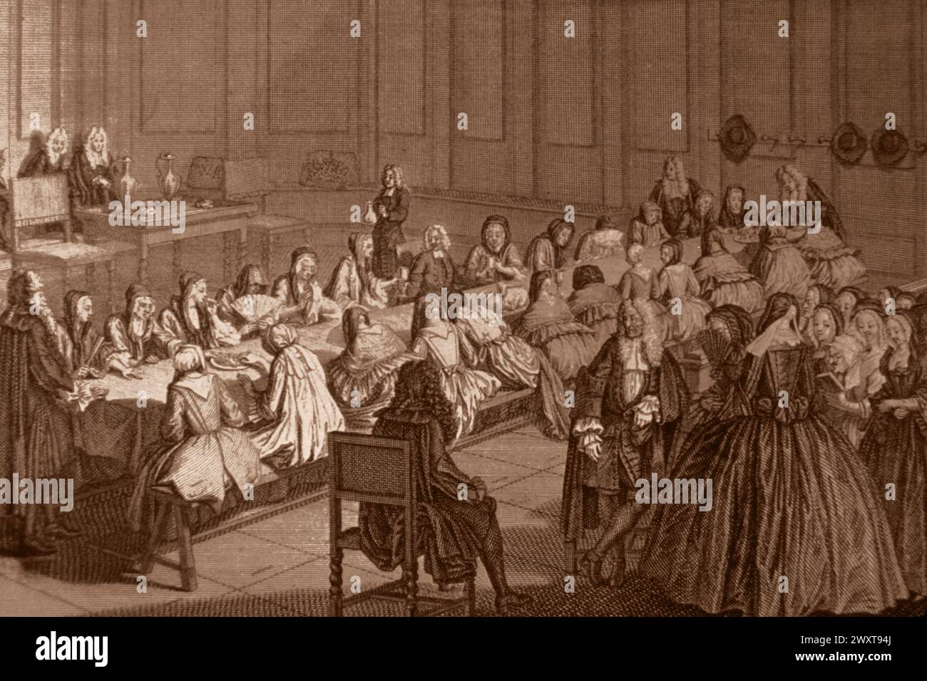 Kommuniongottesdienst in einer reformierten Kirche in den Vereinigten Provinzen, Gravur des 18. Jahrhunderts Stockfoto
