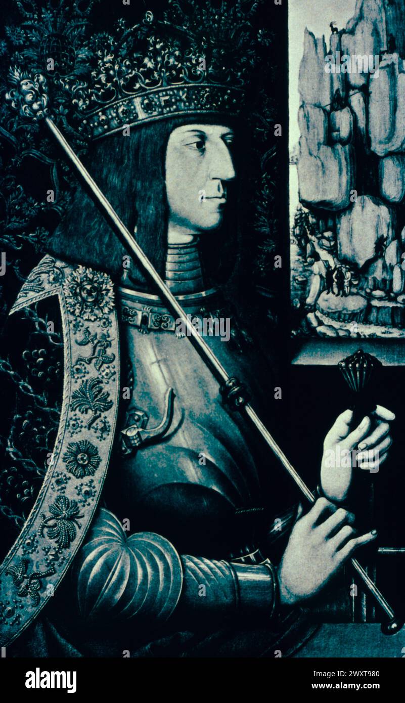 Porträt von Maximilian I. Habsburg, Kaiser und König von Deutschland, Gemälde des deutschen Künstlers Bernhard Strigel, 15. Jahrhundert Stockfoto