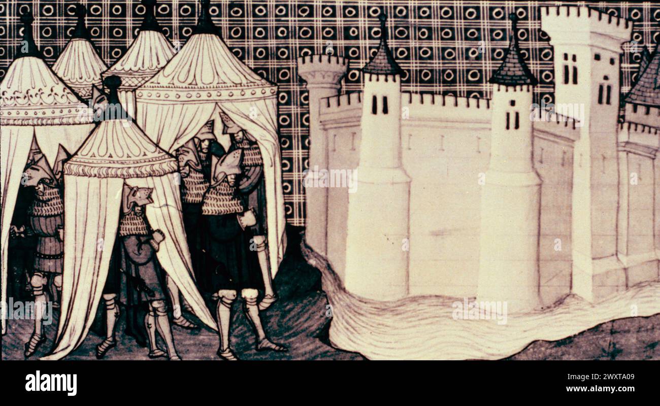 Mittelalterliche Szene: Belagerung während des 100-jährigen Krieges, Chroniques de France, Illustration, 14. Jahrhundert Stockfoto