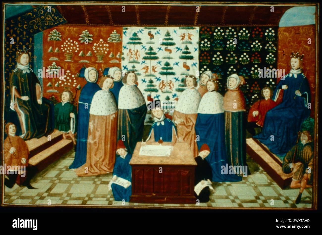 Unterzeichnung eines vertrages zwischen Frankreich und England während des 100-jährigen Krieges, Illustration in Froissarts Chroniques, 1400er Jahre Stockfoto