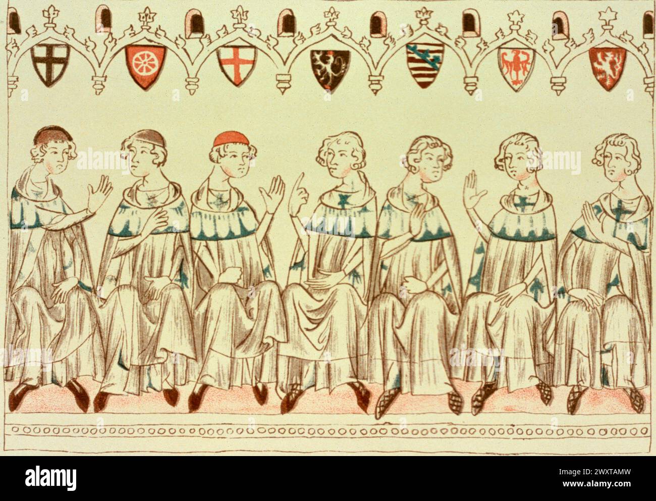 Kurfürsten des Heiligen Römischen Reiches im konzil während der Wahl Heinrichs VII., Illustration aus einer Handschrift, 1300er Jahre Stockfoto