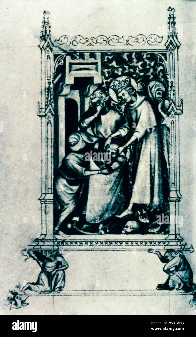 St. Louis, französischer König, begräbt Knochen der Kreuzfahrer, Illustration in einem Manuskript aus dem 14. Jahrhundert Stockfoto