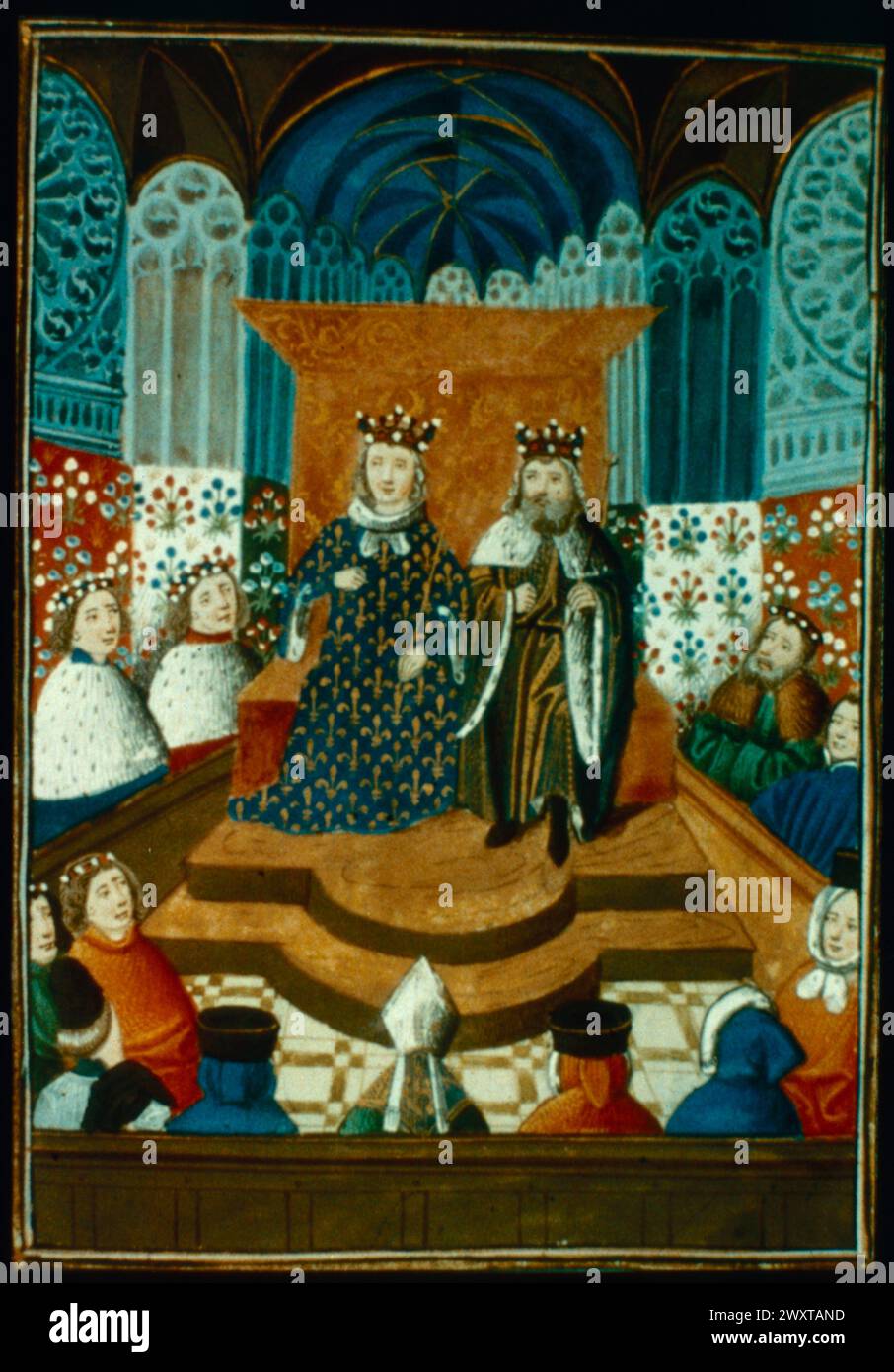 Englische und französische Könige im Rat während des 100-jährigen Krieges, Illustration in Froissarts Chroniques, 1400er Jahre Stockfoto