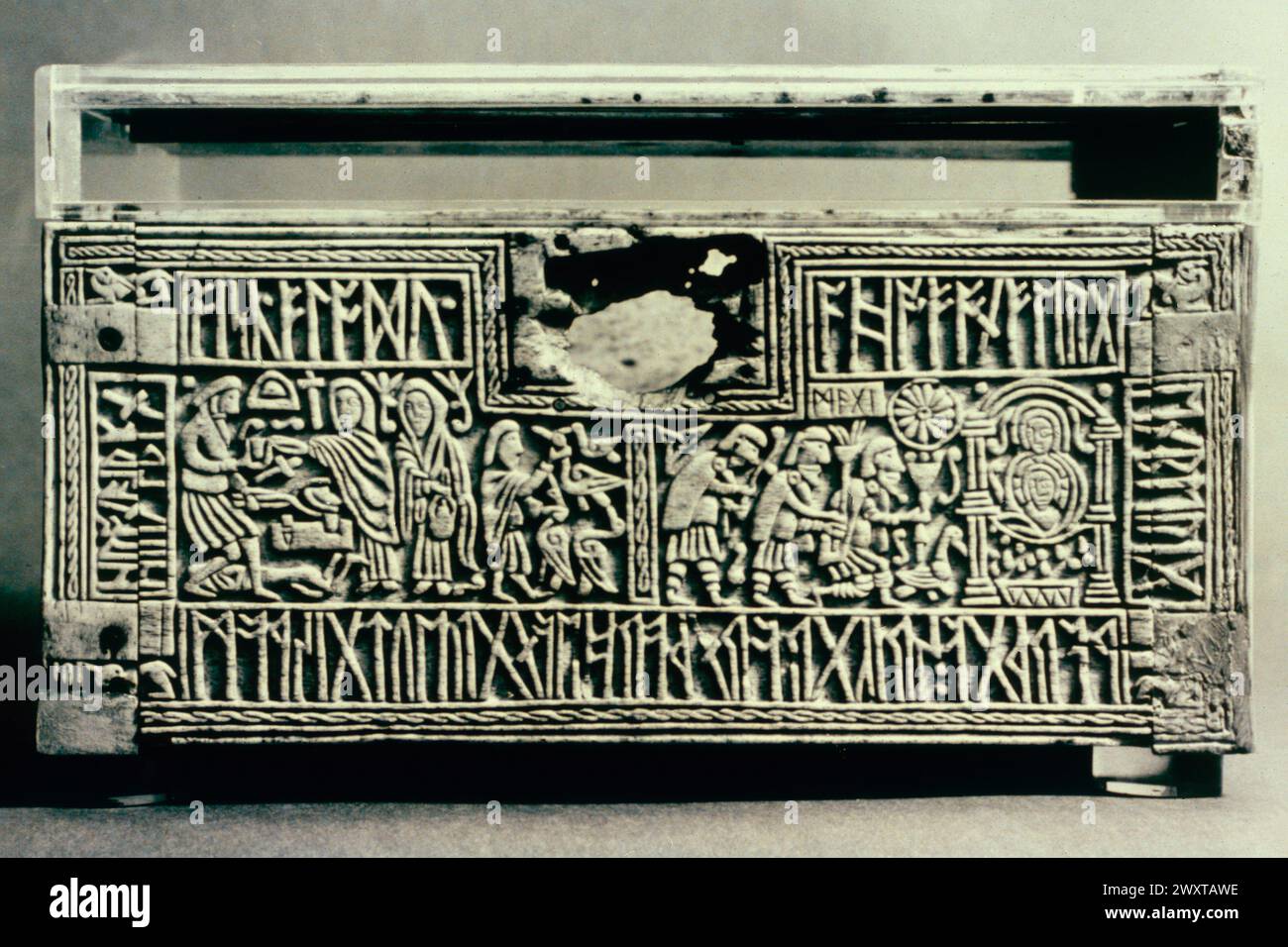 Die Franks-Schatulle, alte Walknochenkasten, 700 n. Chr Stockfoto