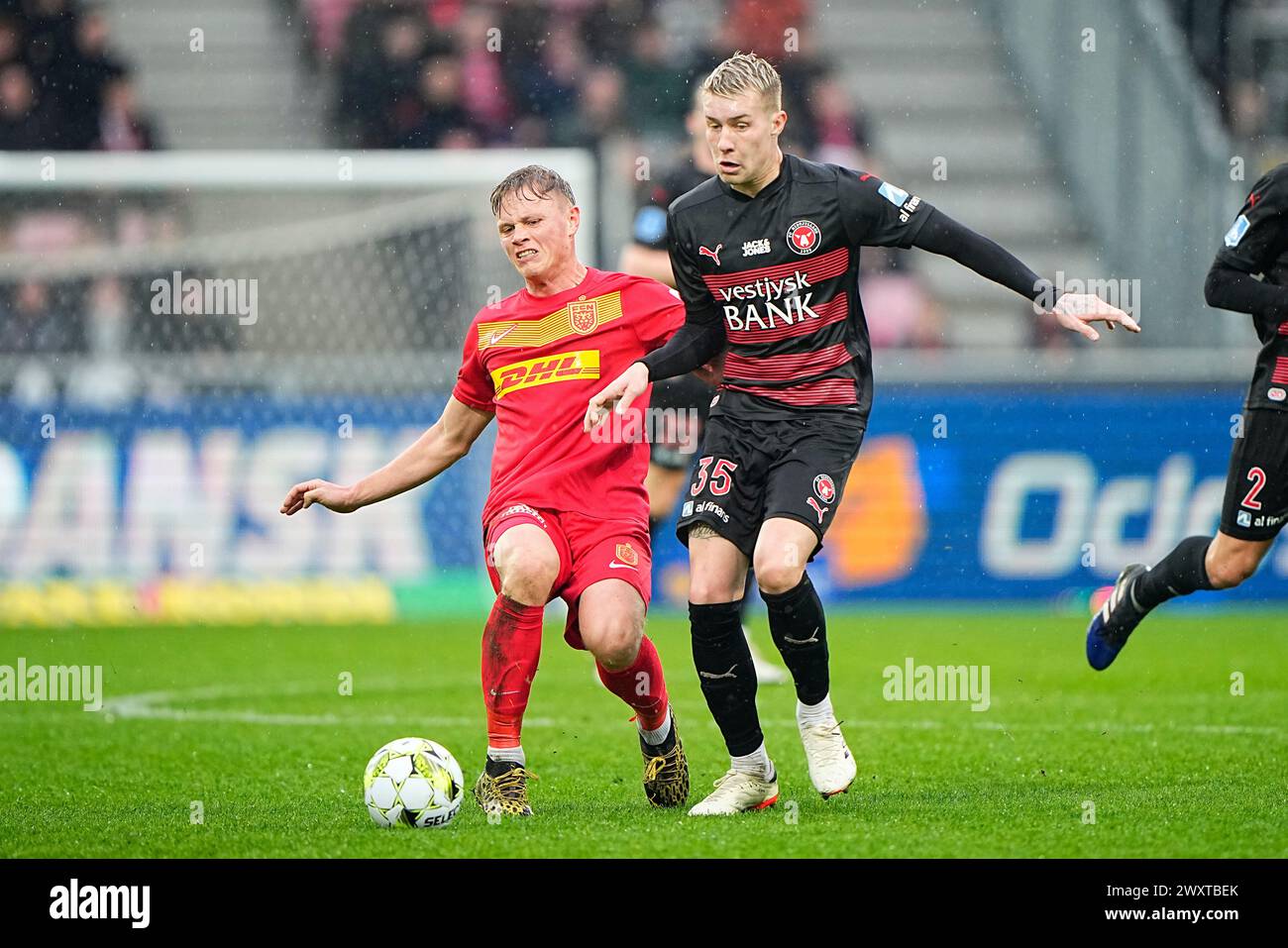 FC Midtjylland trifft am Montag, 1. April 2024 in Herning auf den FC Nordsjaelland in der Super League. FC Midtjylland moeder FC Nordsjaelland i Superligaen i Herning Mandag den 1. april 2024. Stockfoto