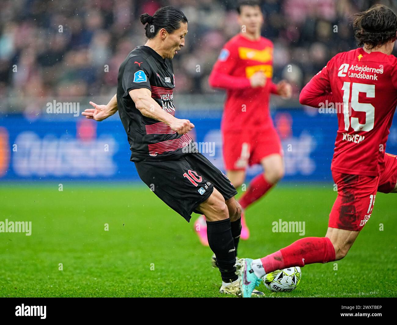 FC Midtjylland trifft am Montag, 1. April 2024 in Herning auf den FC Nordsjaelland in der Super League. FC Midtjylland moeder FC Nordsjaelland i Superligaen i Herning Mandag den 1. april 2024. Stockfoto