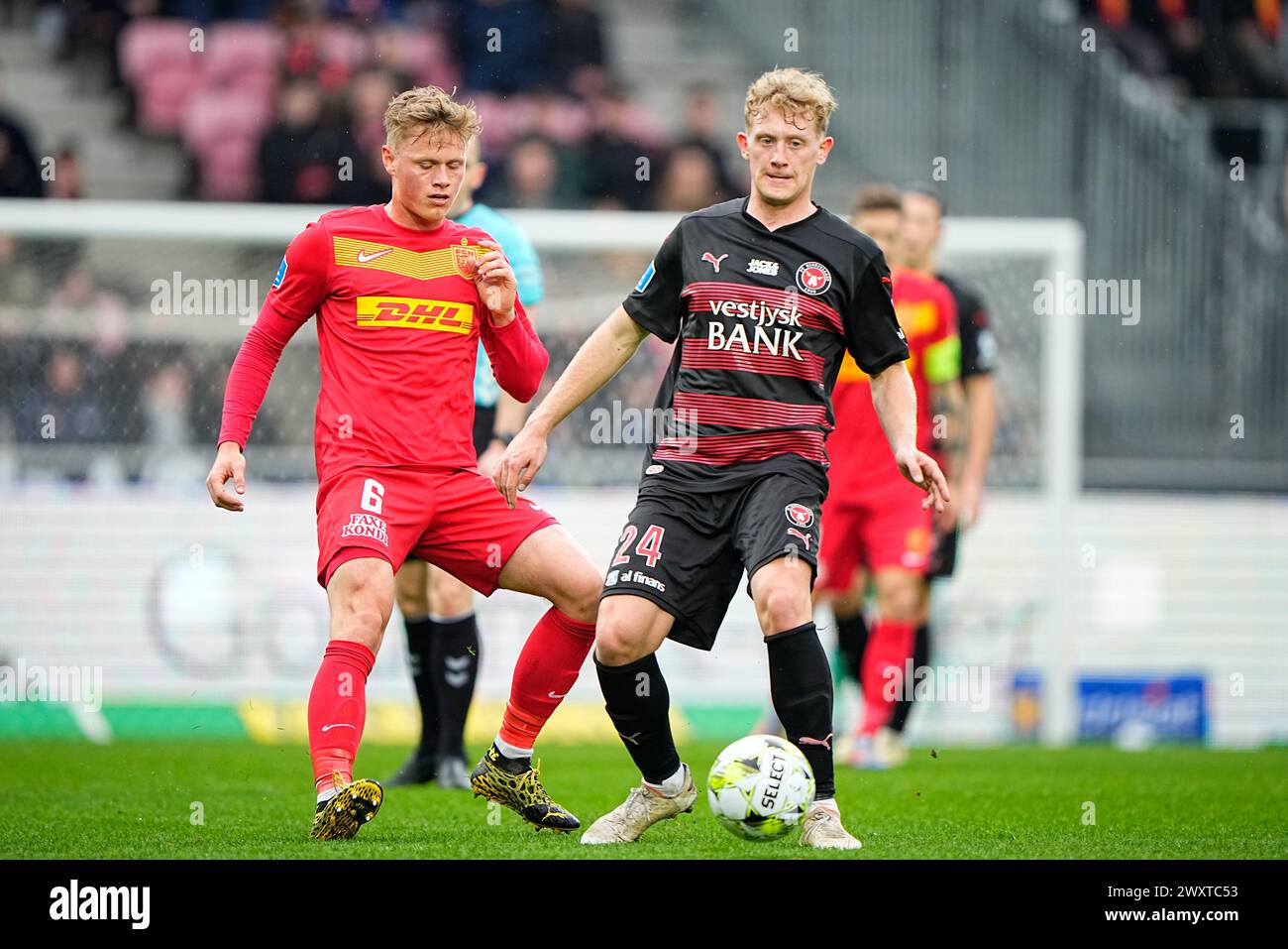 FC Midtjylland trifft am Montag, 1. April 2024 in Herning auf den FC Nordsjaelland in der Super League. FC Midtjylland moeder FC Nordsjaelland i Superligaen i Herning Mandag den 1. april 2024. Stockfoto