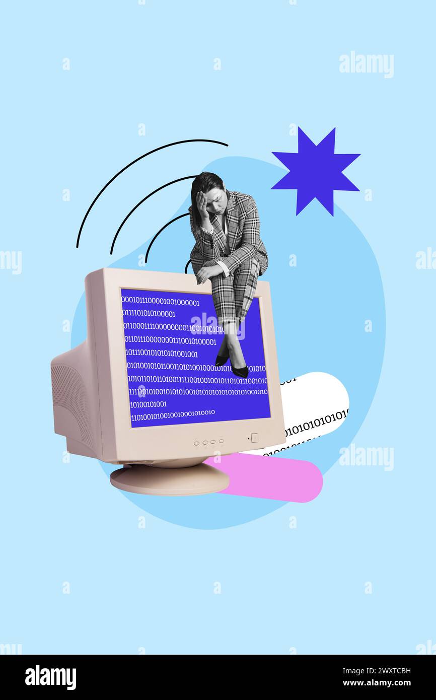 Vertikale Fotocollage des aufgebrachten Mädchens sitzen Computermonitor wifi-Zeichen schnelles Internet-Emblem Globus wlan-Netzwerk isoliert auf gemaltem Hintergrund Stockfoto
