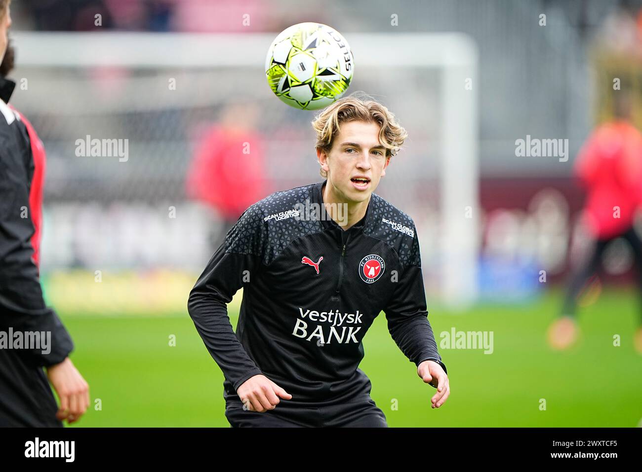 FC Midtjylland trifft am Montag, 1. April 2024 in Herning auf den FC Nordsjaelland in der Super League. FC Midtjylland moeder FC Nordsjaelland i Superligaen i Herning Mandag den 1. april 2024. Stockfoto