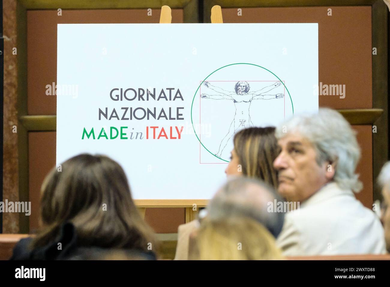 Roma, Italien. April 2024. Presentazione della Prima Giornata del Made in Italy che si terrà ogni 15 aprile anniversario della nascita di Leonardo da Vinci, evento tenutasi presso il MIMIT A Roma, Martedì 02. April 2024 (Foto Mauro Scrobogna/LaPresse) die Präsentation des ersten Made in Italy Day, der jedes Jahr zum 15. April der Geburt von Leonardo da Vinci stattfindet, Veranstaltung im MIMIT in Rom, Dienstag, den 2. April 2024 (Foto: Mauro Scrobogna/LaPresse) Credit: LaPresse/Alamy Live News Stockfoto