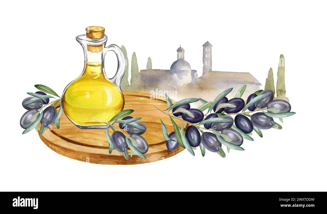 Wasserfarben-Lebensmittelkomposition mit gelbem Olivenöl in einer Glasflasche, Brunch von Oliven auf hölzernem Schneidebrett, auf dem Hintergrund der Silhouette der Altstadt, Stockfoto