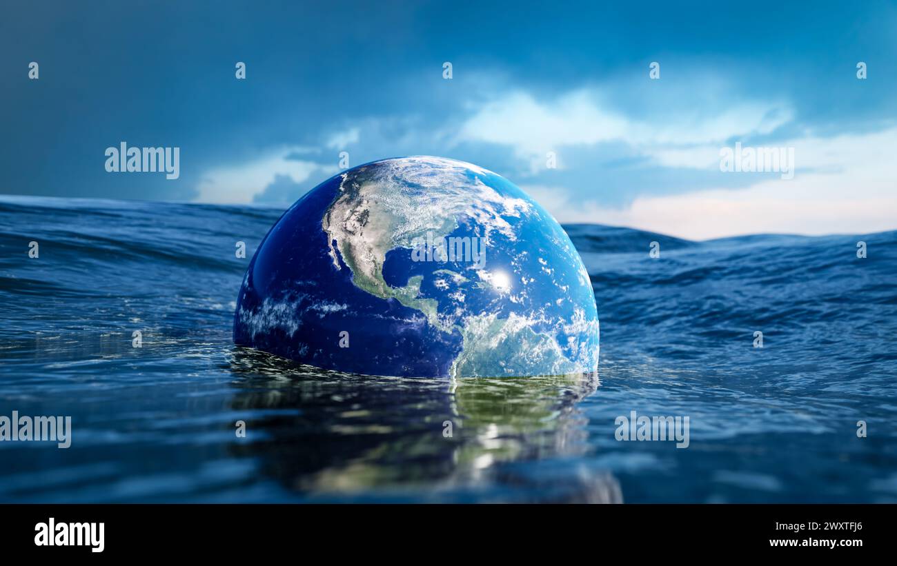 Die globale Erwärmung verursacht extreme Wetterbedingungen, erhöht den Meeresspiegel und verursacht Überschwemmungen. 3D-Rendering Stockfoto