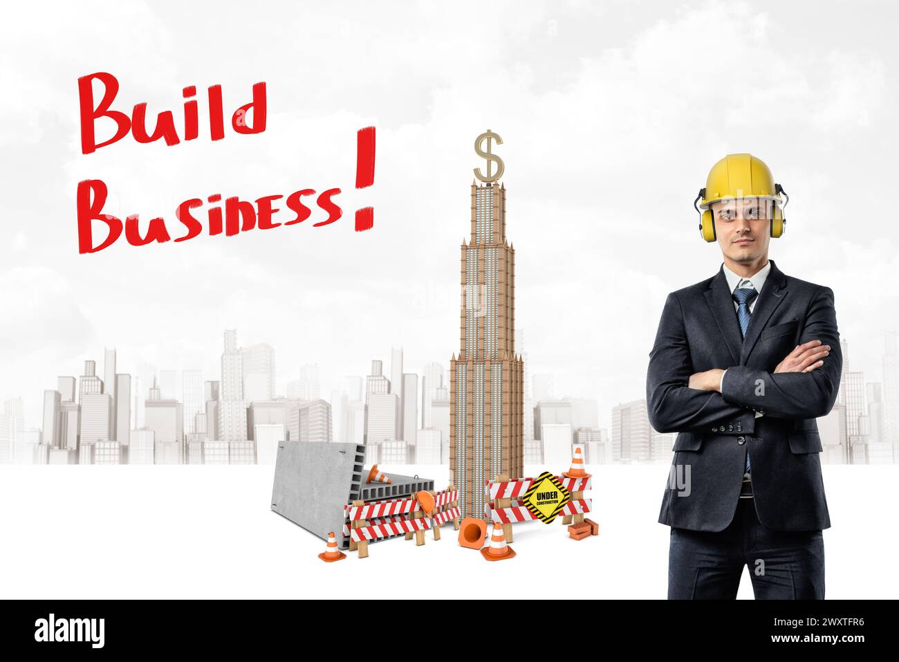 Mann vor der Skizze „Build Business“ Stockfoto