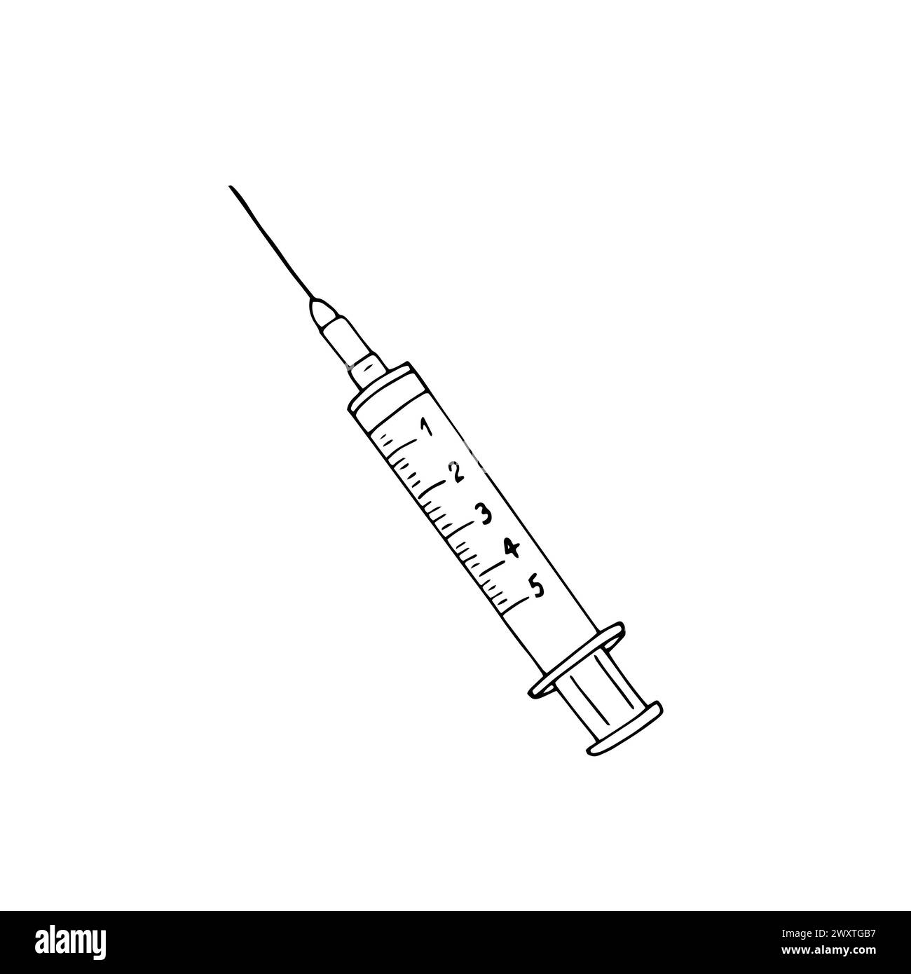 Handgezogene hypodermische Spritze mit Nadel. Isolierte Abbildung auf weißem Hintergrund Stock Vektor