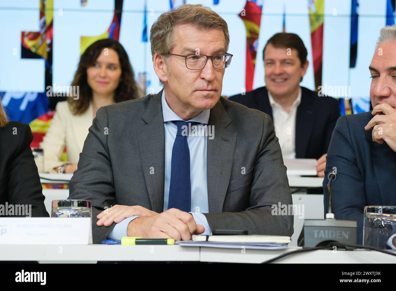 Madrid, Spanien. April 2024. Alberto Nunez Feijoo von der Partido Popular während des Treffens des Nationalen Verwaltungsrats der PP im PP-Hauptsitz in der Genova-Straße am 2. April 2024 in Madrid, Spanien. (Foto: Oscar Gonzalez/SIPA USA) Credit: SIPA USA/Alamy Live News Stockfoto