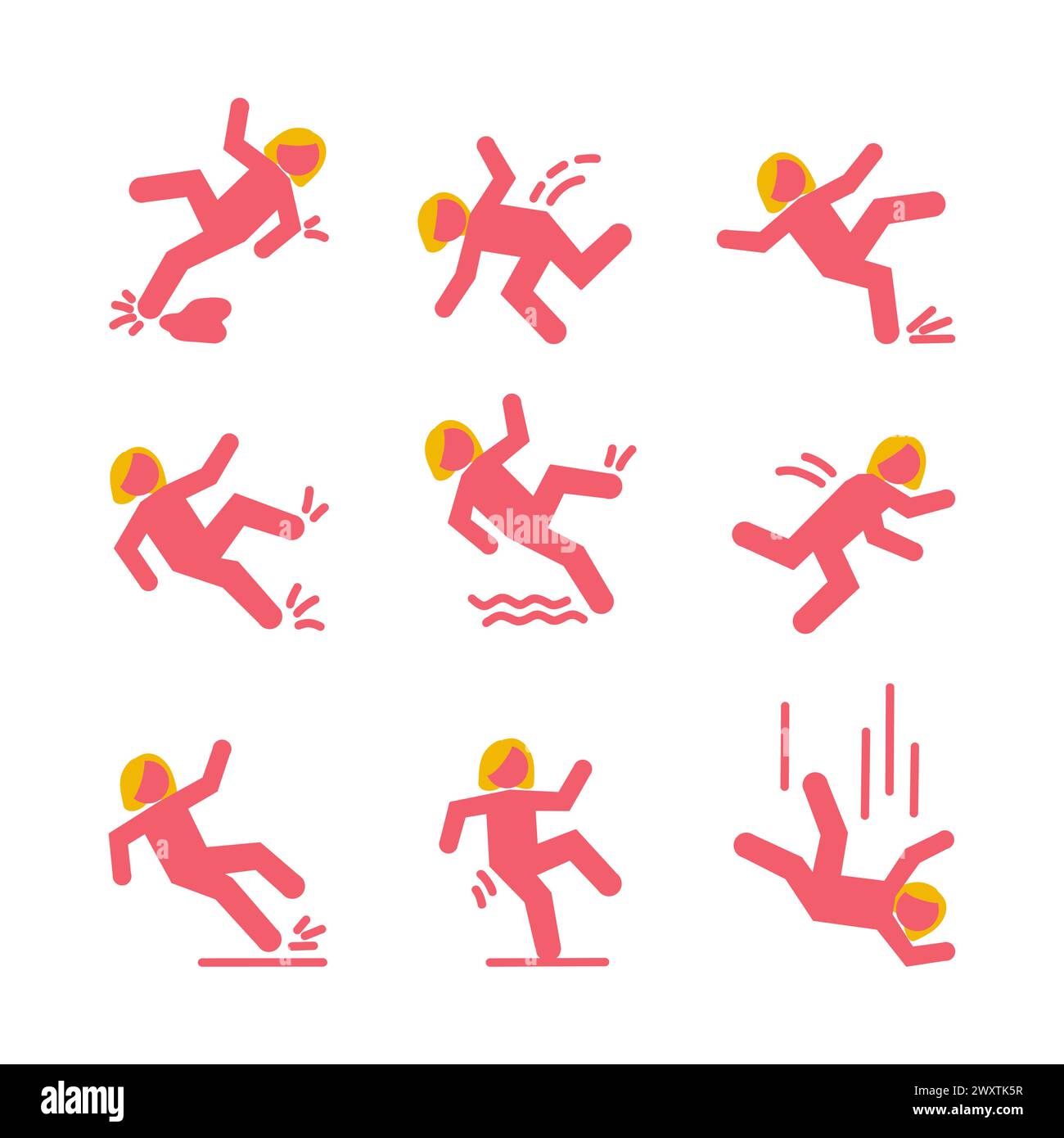 Set von Warnsymbolen mit rosa fallender Stabfigur Frau. Sie fällt die Treppe runter und über den Rand. Nasser Boden, hängt auf der Treppe fest. Sicherheit am Arbeitsplatz Stock Vektor