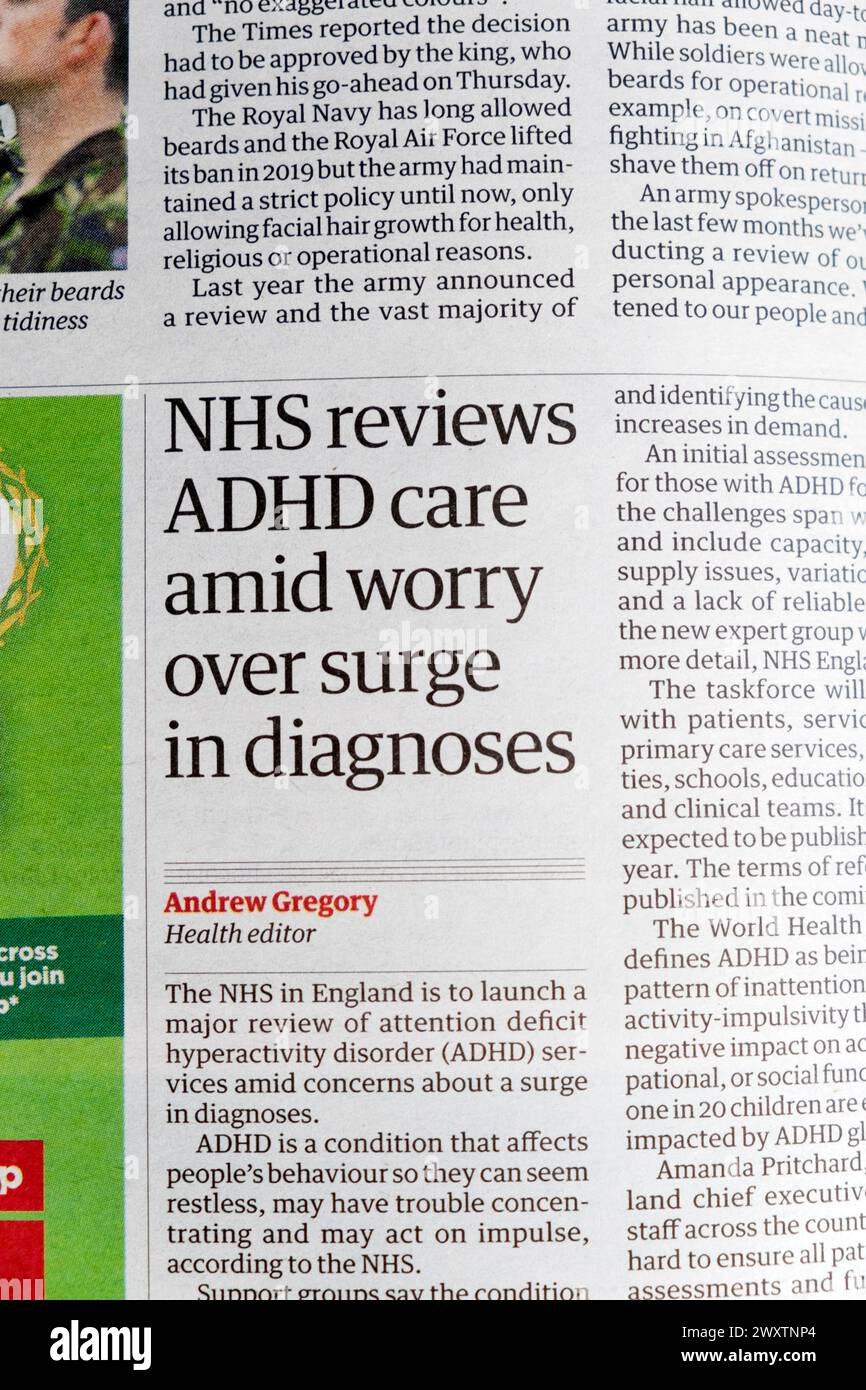 'NHS Reviews ADHS Care Amid Work over Surge in Diagnoses' Guardian Zeitung Headline Health Treatment Impact artikel 30 März 2024 London England UK Stockfoto