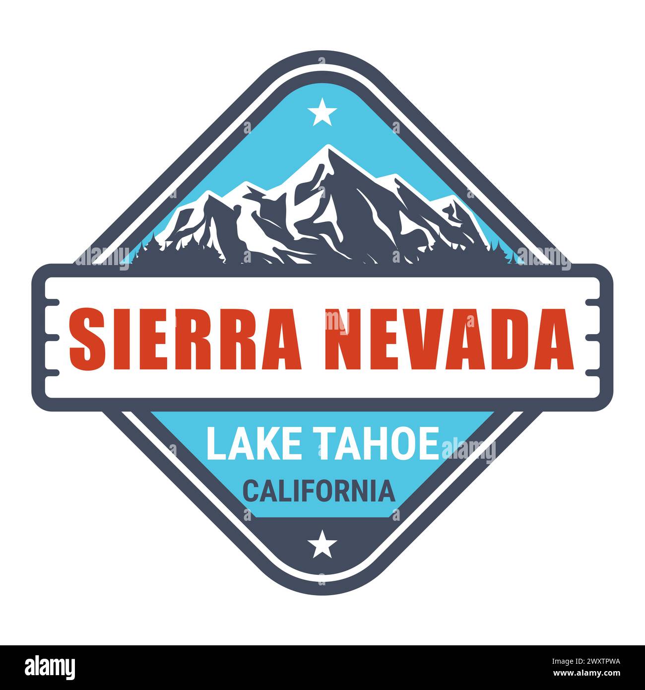 Sierra Nevada USA Bergkette, Kalifornien, Emblem mit Lake tahoe und schneebedeckten Bergen, Vektor Stock Vektor