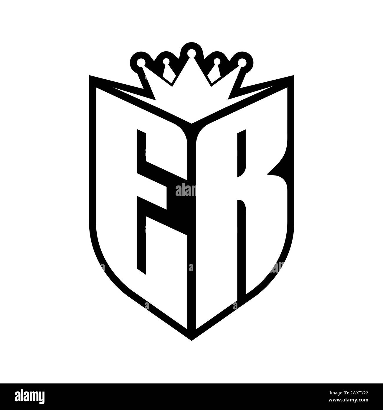 Auffälliges Monogramm mit Schildform und scharfer Krone auf der Innenseite des Schildes in Schwarz-weiß-Farbe Stockfoto