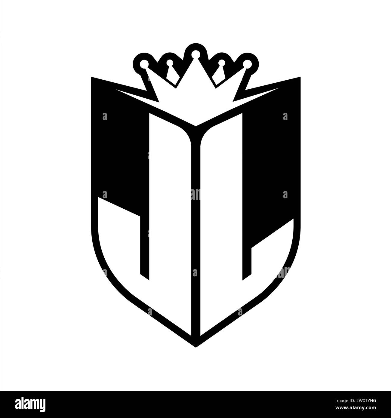 Auffälliges Monogramm JL Letter mit Schildform und scharfer Krone im Schild in schwarz-weißer Farbvorlage Stockfoto