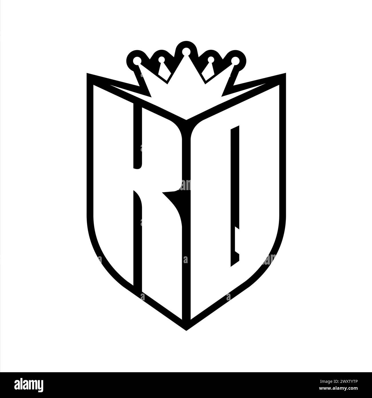 KQ Letter in kräftigem Monogramm mit Schildform und scharfer Krone im Schild in schwarz-weißer Farbvorlage Stockfoto