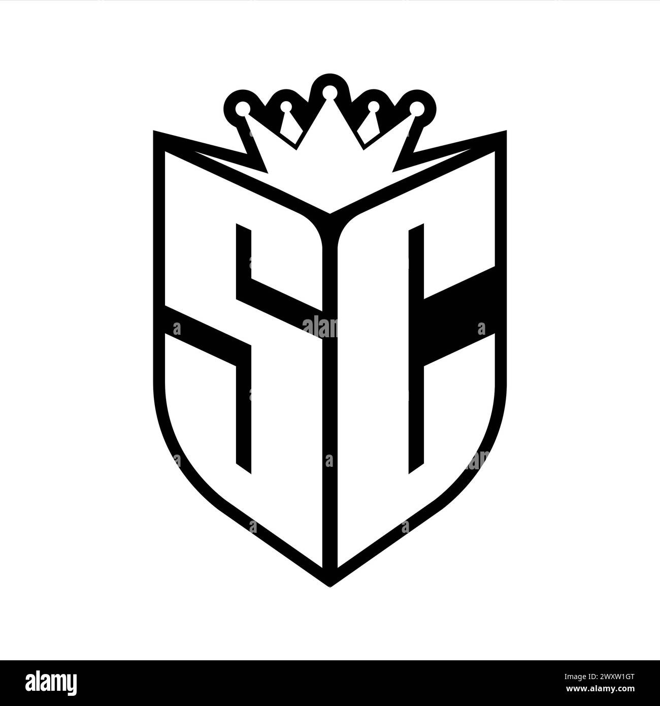 Auffälliges Monogramm mit SC Letter und scharfer Krone im Schild in Schwarz-weiß-Farbvorlage Stockfoto