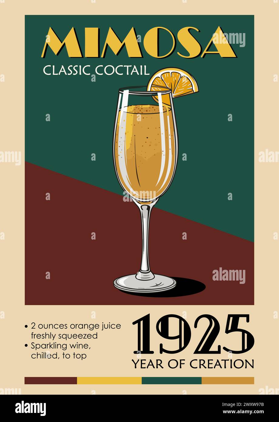 Mimosa Cocktail-Retro-Art-Poster mit Rezept. Stock Vektor