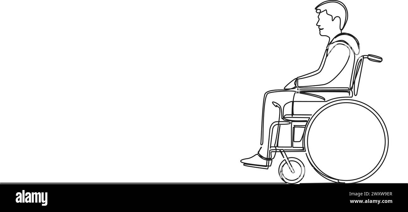 Ununterbrochene einzeilige Zeichnung eines jungen Mannes im Rollstuhl, Linienkunstvektorillustration Stock Vektor