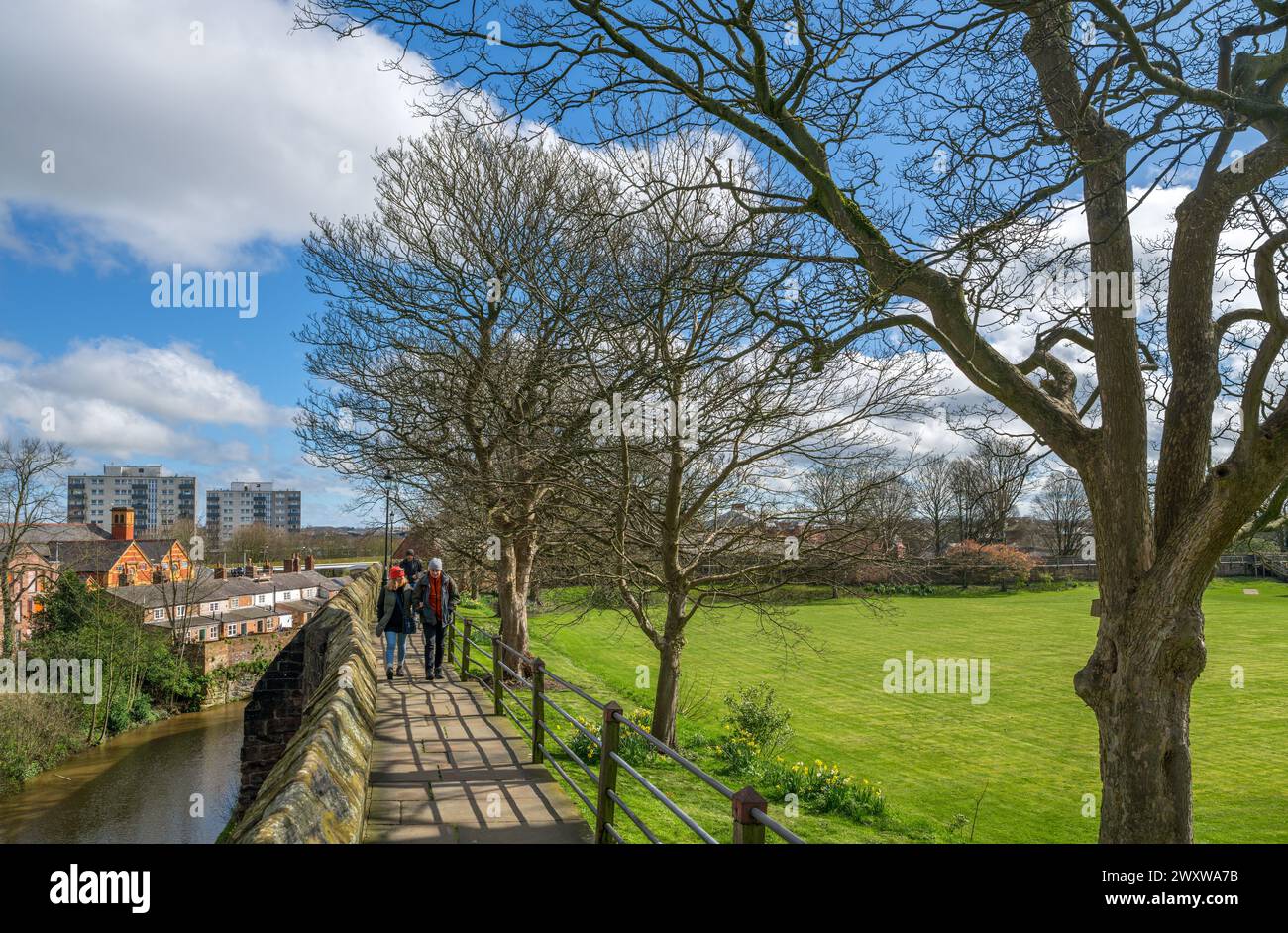 Gehen Sie entlang der Stadtmauer von Chester in der Nähe der King Charles Tower Gardens mit dem Shropshire Union Canal auf der linken Seite, Chester, Cheshire, England, Großbritannien Stockfoto