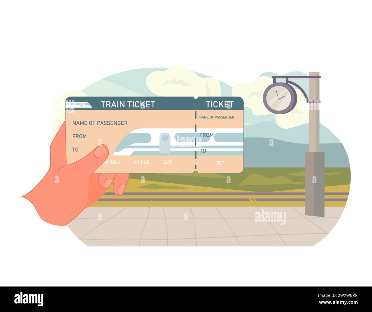 Ticket für Reisen. Eine Hand hält am Bahnhof ein Zugticket, das den Beginn einer neuen Reise in ruhiger Landschaft symbolisiert. Stock Vektor