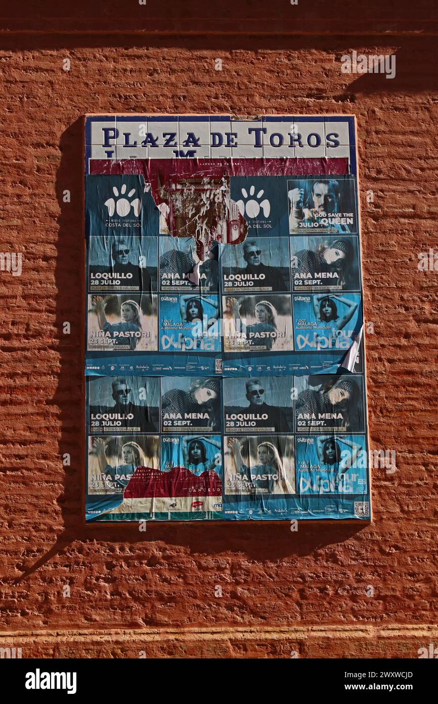 Mitteilungen über zukünftige Ereignisse auf der Plaza del Toros, Malaga Stockfoto