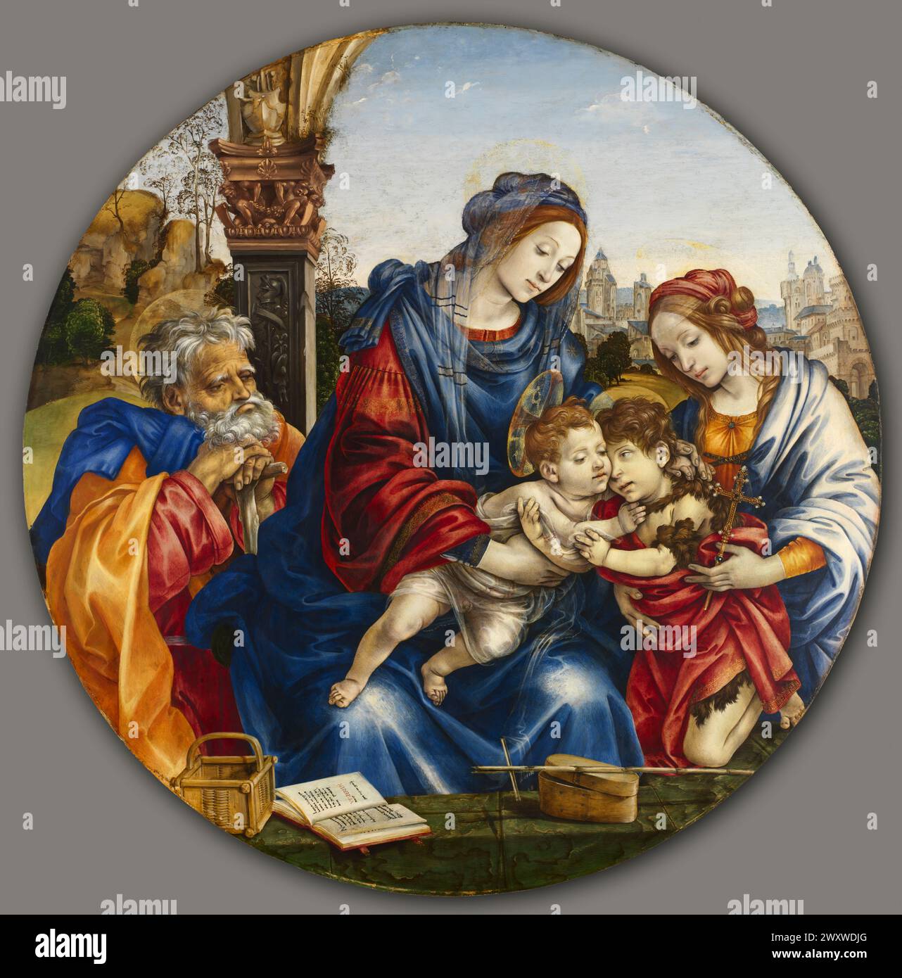 Die Heilige Familie mit dem Heiligen Johannes dem Täufer und der Heiligen Margarete. Filippino Lippi. c. 1495. Stockfoto