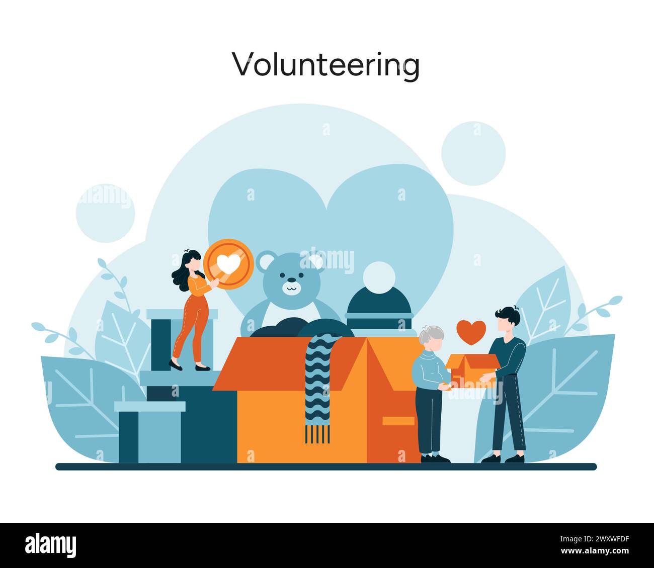 Wohltätigkeitskonzept. Selbstlose Gesten und Gemeindehilfe. Einzelpersonen vereinen sich für Wohlfahrt und Wohlfahrt. Spenden von Spielzeug und Zeit für einen Zweck. Vektorabbildung Stock Vektor