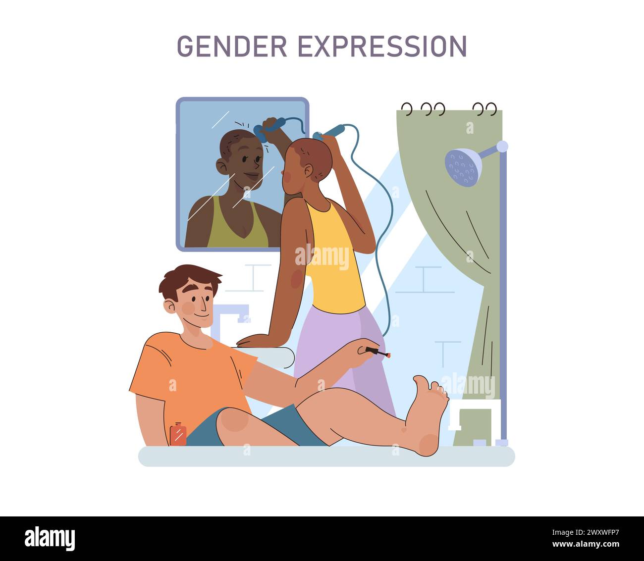 Gender Expression Concept. Ein warmes, intimes Ambiente, das die Fließfähigkeit und den Komfort des Ausdrucks seines wahren selbst einfängt. Stock Vektor