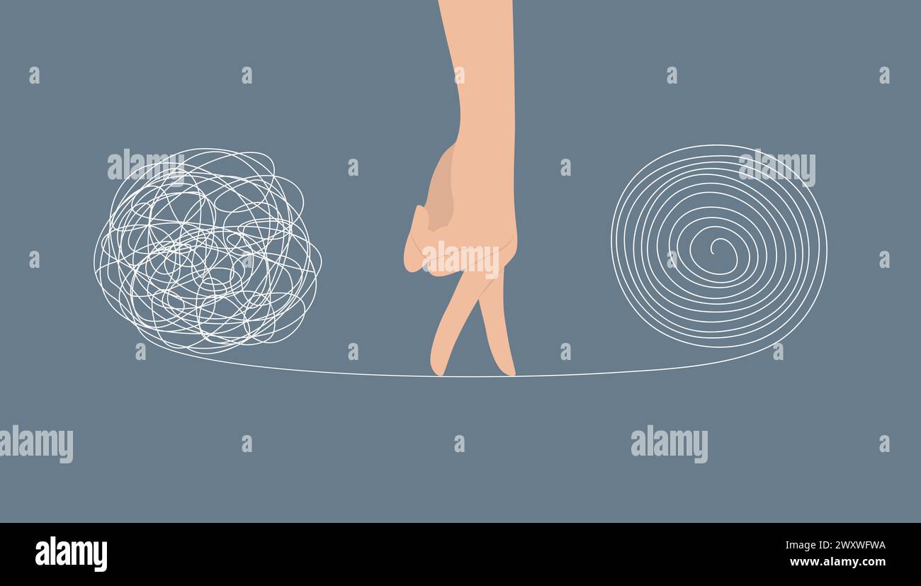 Die Hand imitiert das Gehen mit den Fingern auf dem Faden zwischen verwickelten und nicht verwickelten Kugeln. Problemlösungsprozess. Illustration des flachen Vektors Stock Vektor