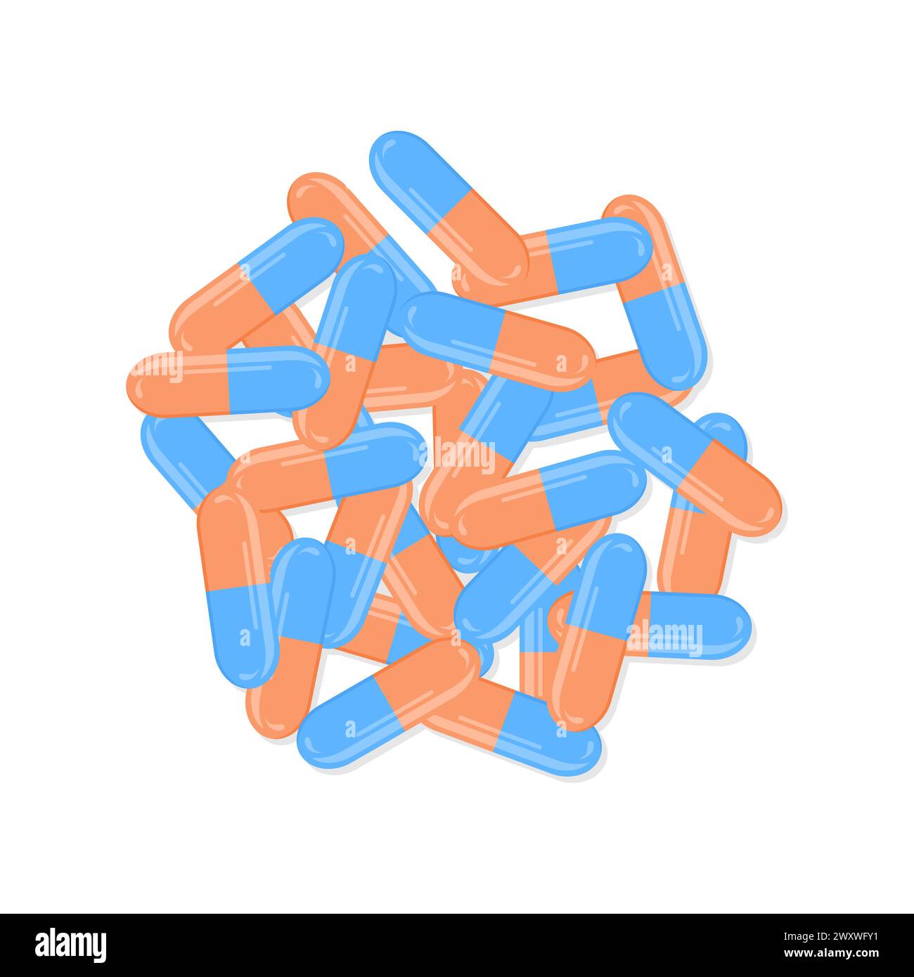 Stapel oranger und blauer Kapseln isoliert auf weißem Hintergrund, Draufsicht. Illustration des flachen Vektors Stock Vektor