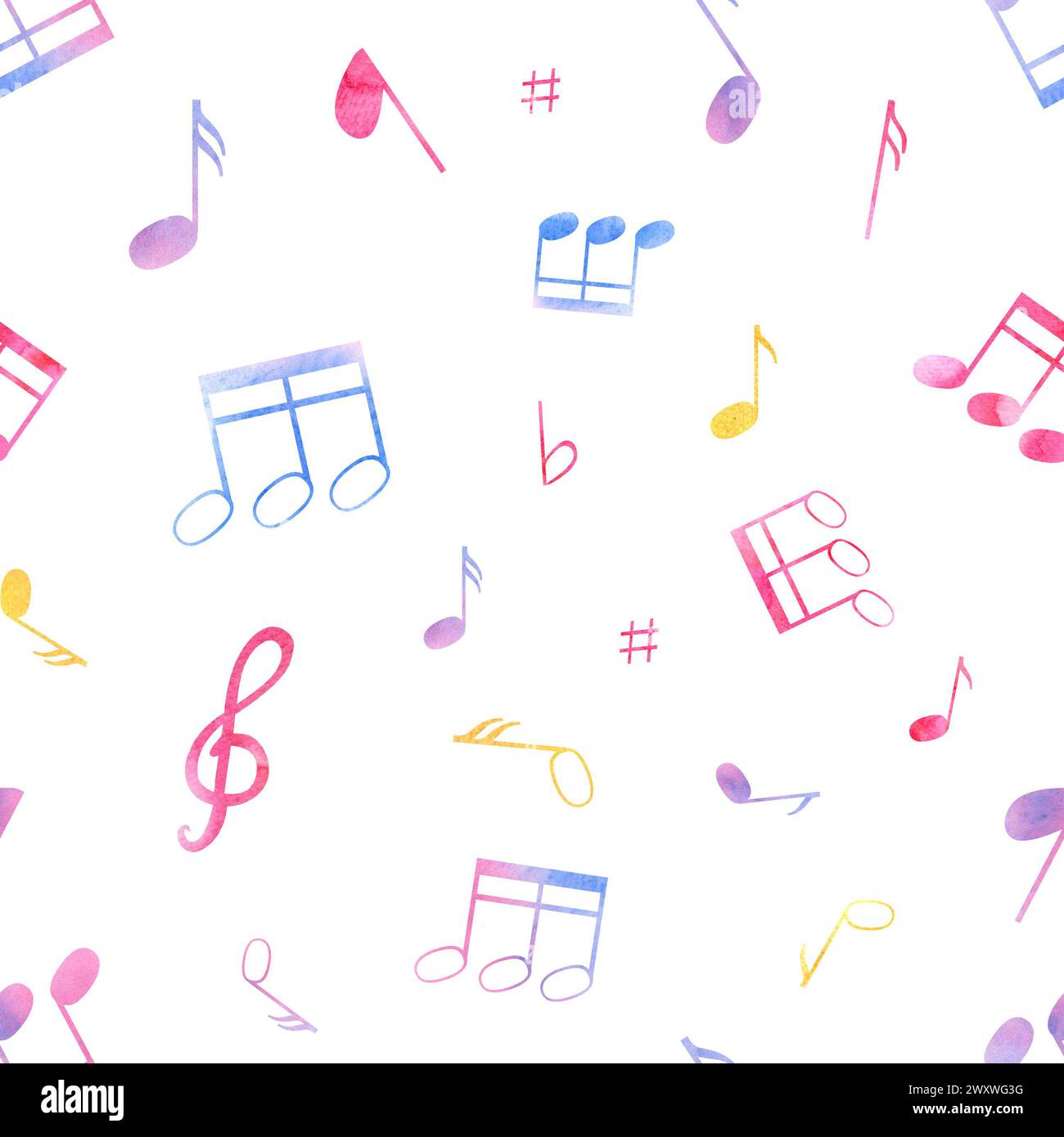 Abstrakte Musiknoten. Nahtloses Muster. Mehrfarbige Notizsymbole. Musikalische niedliche Atmosphäre. Audio-, Signal-, Sprachaufzeichnung. Aquarellabbildung Stockfoto