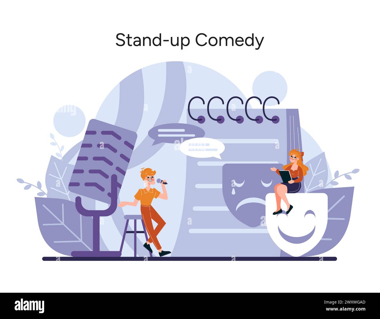 Stand-Up Comedy Set. Die Illustration fängt das Wesen des Humors ein, während Comedians ein unsichtbares Publikum begeistern und Lachen und Freude hervorrufen. Vektorabbildung Stock Vektor