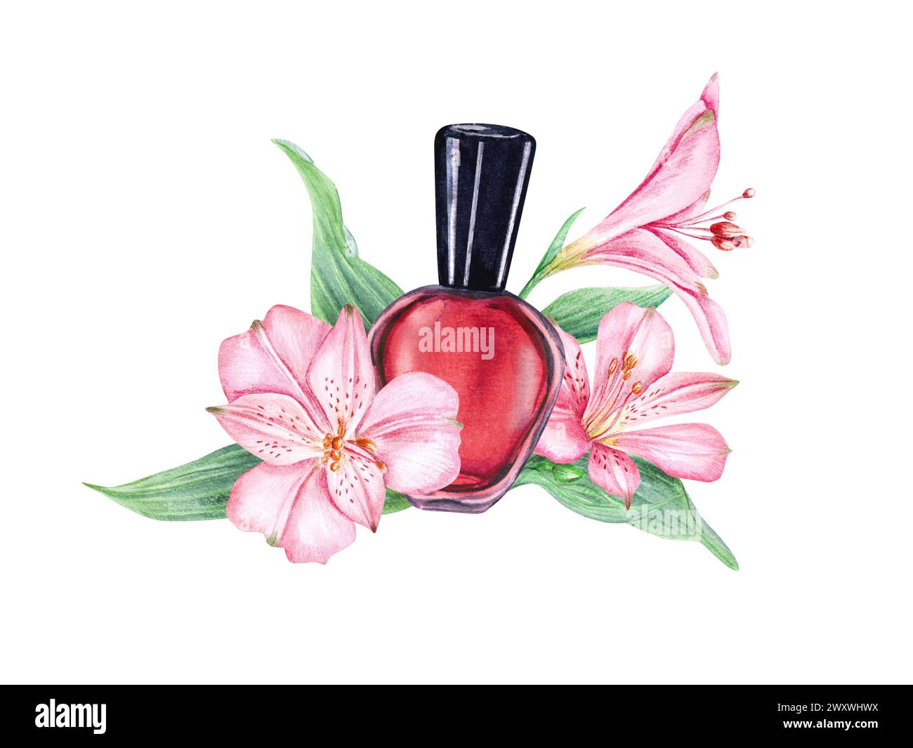 Rote nagellackflasche unter tropischen Blumen. Glasflasche mit schwarzem Verschluss. Komposition in rosa, roten Farben für Schönheit, Maniküre. Stockfoto
