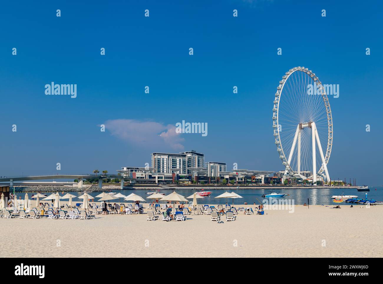 Ein Bild vom Marina Beach und dem Riesenrad von Ain Dubai. Stockfoto