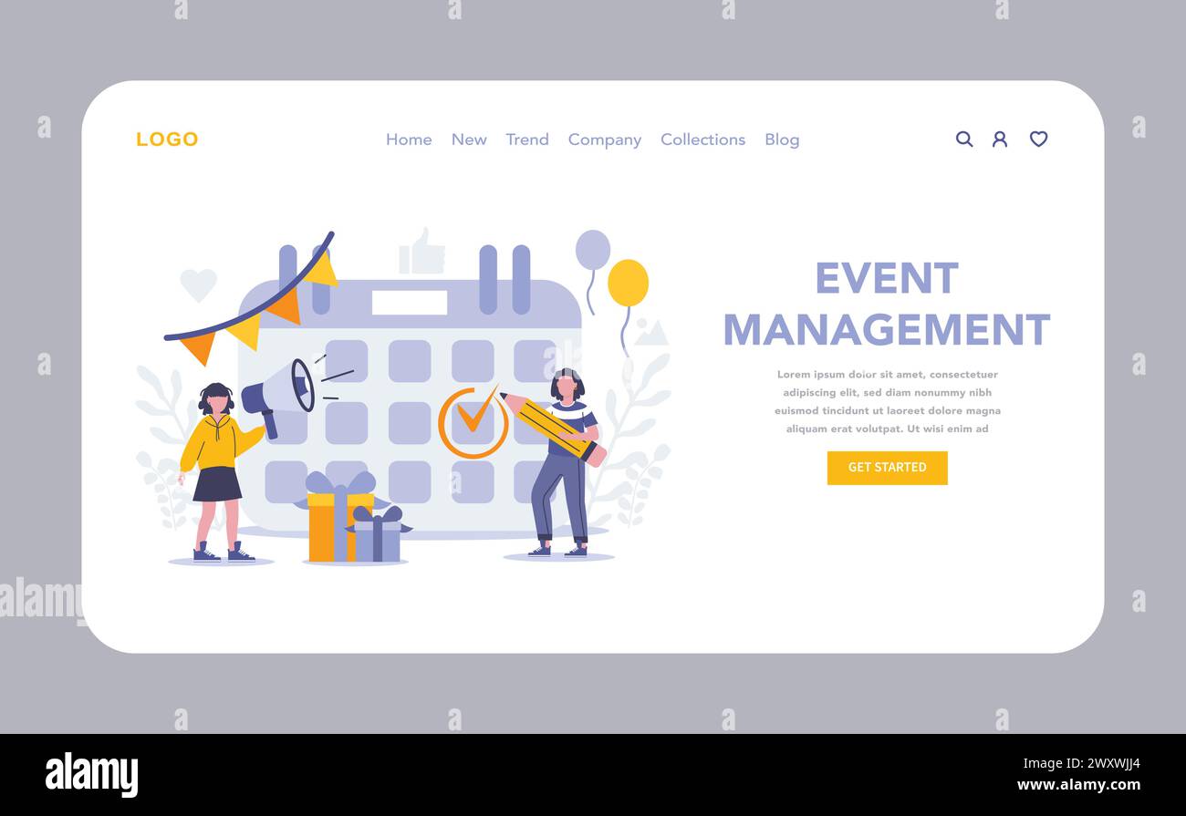 Event Management-Website oder Landing-Page. Orchestrieren ansprechender Veranstaltungen durch strategische Planung, Beförderung und Durchführung. Feiern Sie Meilensteine des Unternehmens mit wirkungsvollen Versammlungen. Vektor . Stock Vektor