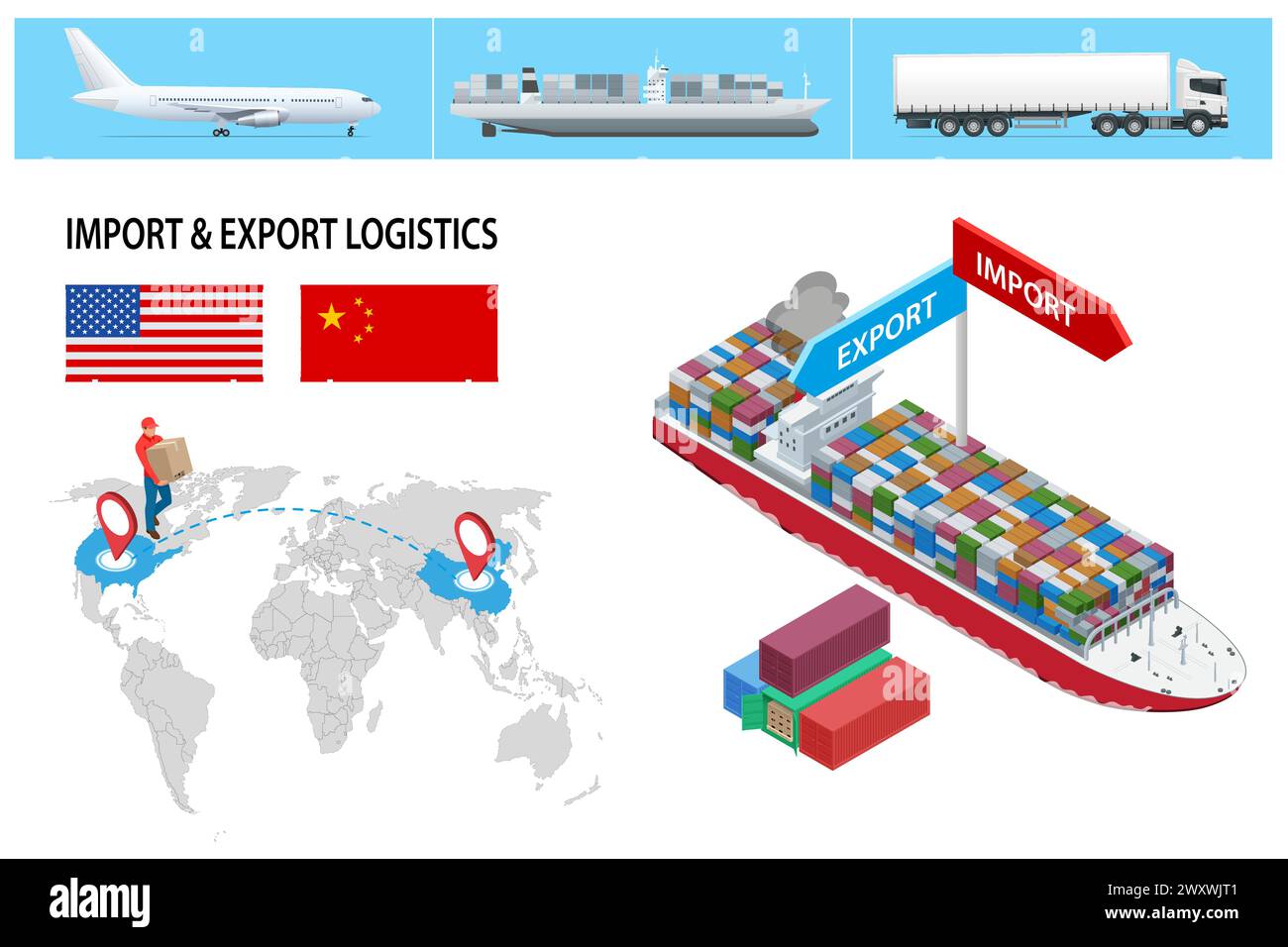 Isometrische Logistiksysteme. Containerschiffe und Trockenfrachtschiffe. Services importieren oder exportieren. Seefracht. Logistik des Seeverkehrs. Meer Stock Vektor