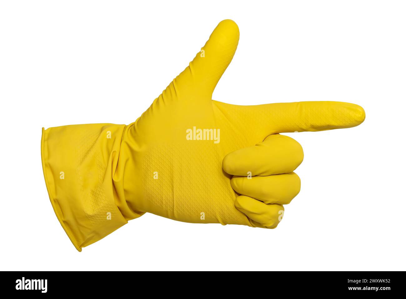 Eine Hand in gelben Gummihandschuhen zeigt den Zeigefinger auf weißem Hintergrund. Isolieren Sie Gummihandschuhe zum Reinigen und Waschen von Geschirr Stockfoto